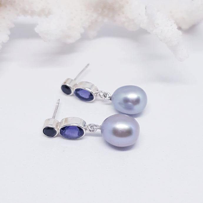 The Indigo (Iolite, Onyx and Silver Pearl Earrings)