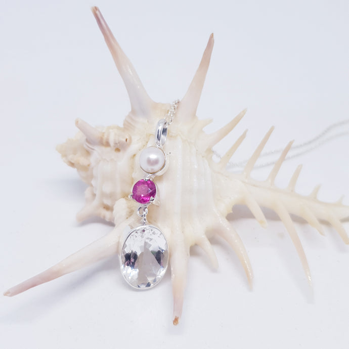 The Sapphron Pendant (White Topaz and Pink Tourmaline and Pearl)