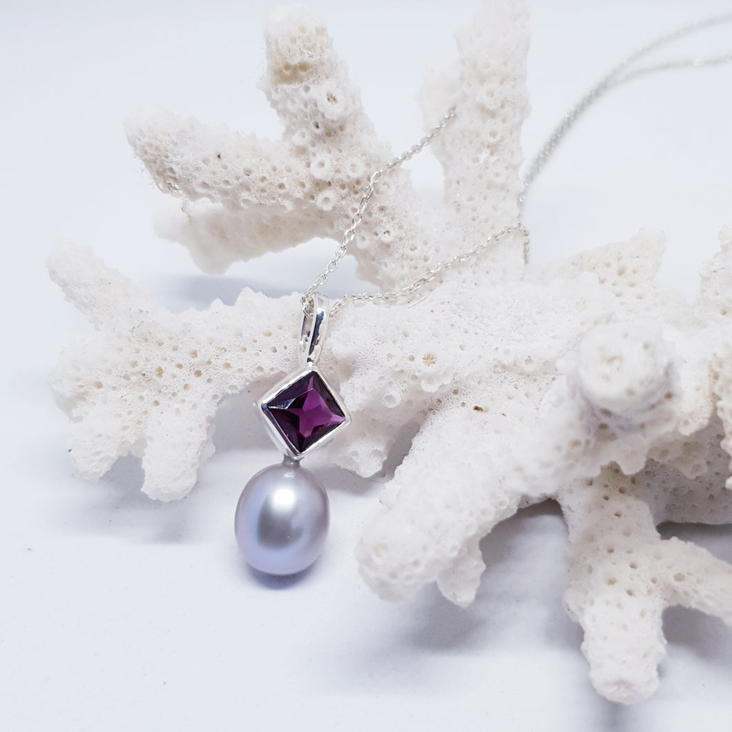 The Kathyrn Pendant Rhodolite and Grey Pearl