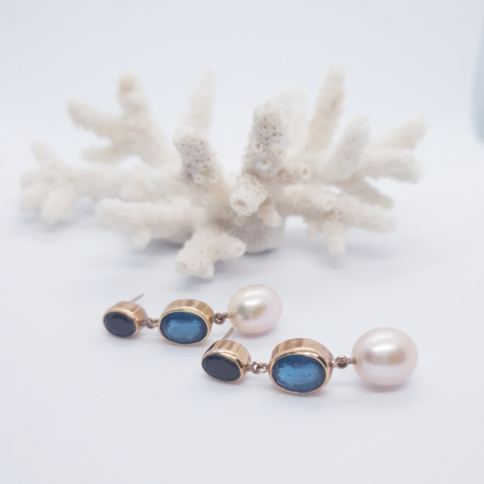 The Indigo Apatite, Onyx and Pink Pearl Earrings